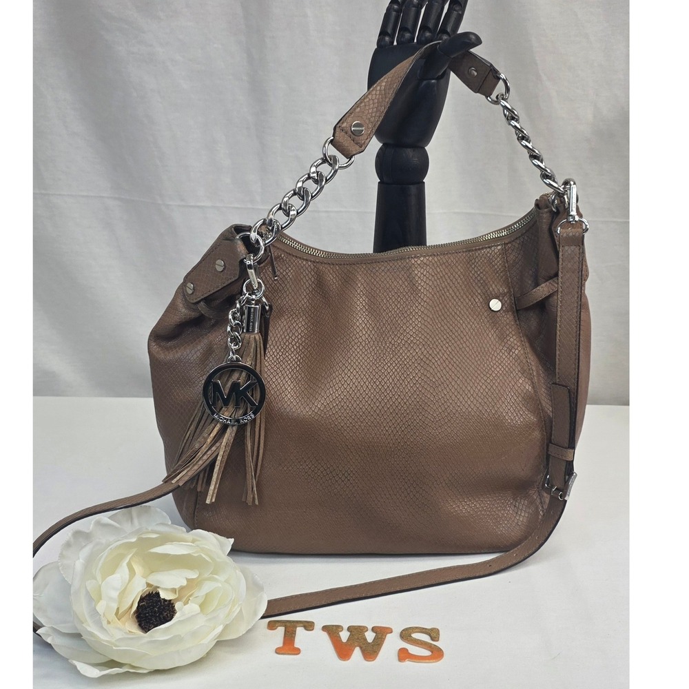 Michael Kors Snakeskin Embossed Hobo Bag Tan Silver Chain Crossbody